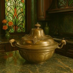 ANTIQUE Art Nouveau Water Lillies Brass Soup Tureen Pot Chafing Pan‎ Lid